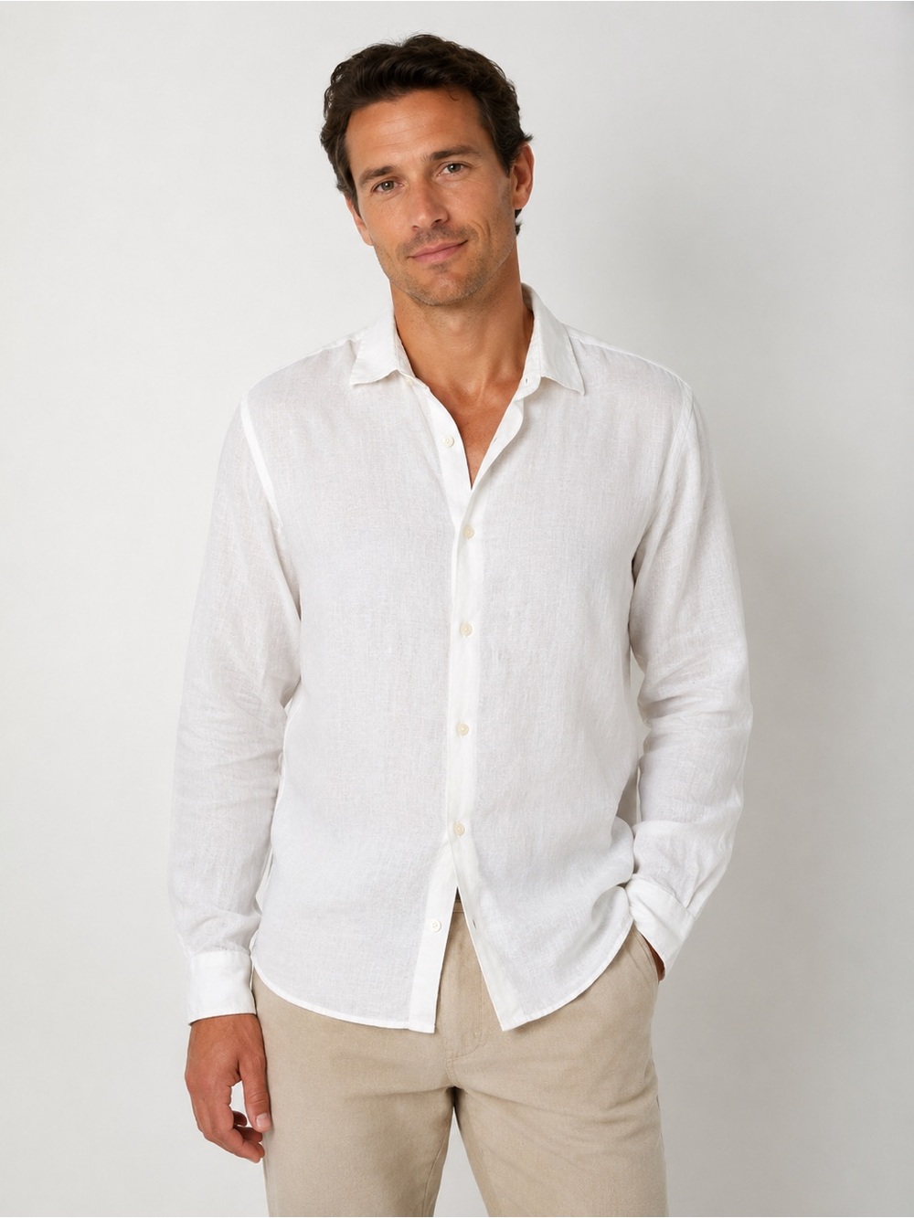 SOS Men’s Classic White Linen Button-Up Shirt